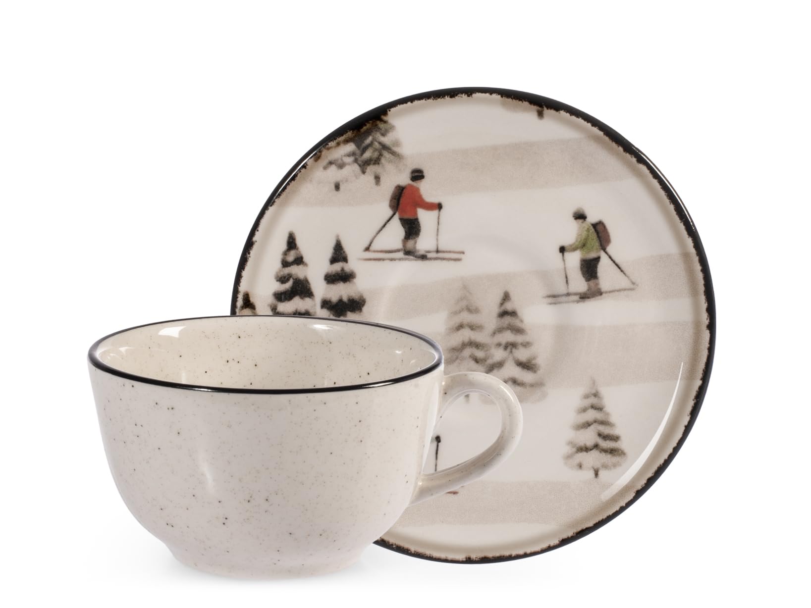 H&H Set of 2 Stoneware 200cc Cappuccino Tea Cups with Saucer - Retro Skier Design, Beige Dotted with Black Edge, Saucer with Snowy Skiers, Perfect for Winter