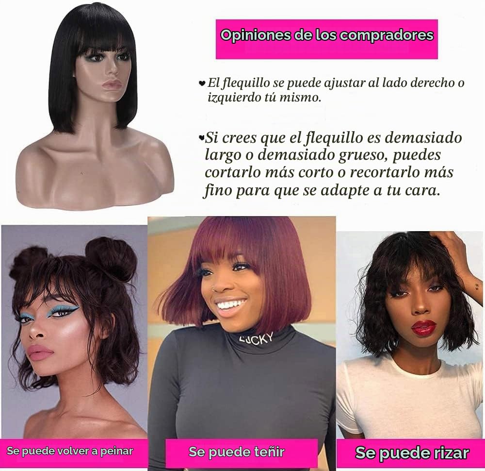 Peluca Mujer Pelo Corto Bob con Flequillo Cabello Humano Pelucas Brasileñas No Lace Bob Wig Human Hair 8 Inch
