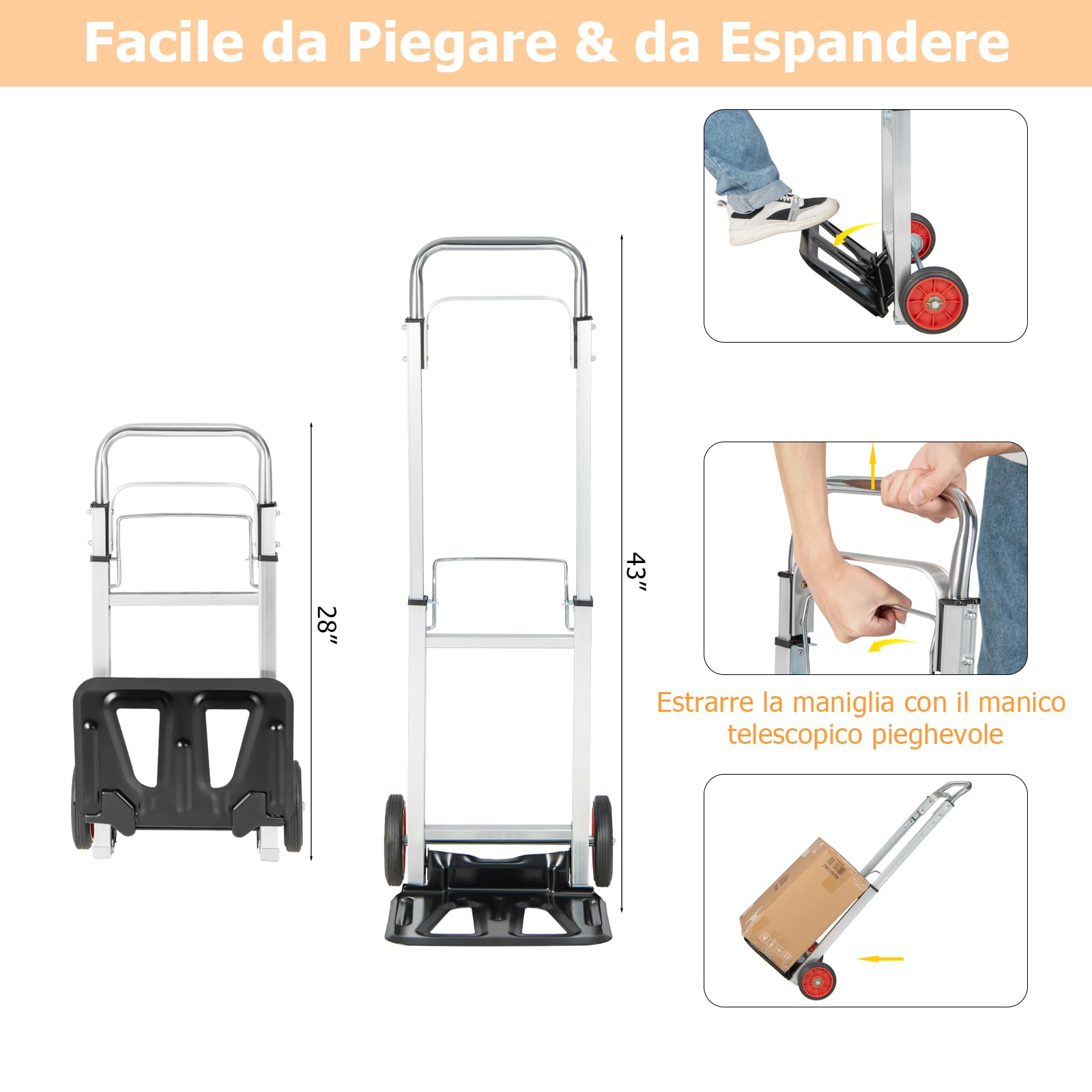 GYMAX Carrello Manuale in Alluminio, Carrello da Trasporto con Maniglia Regolabile in Altezza e Ruote, Carrello a Sacco Pieghevole per Magazzino, Garage e Giardino, Portata 100 kg, Argento + Nero