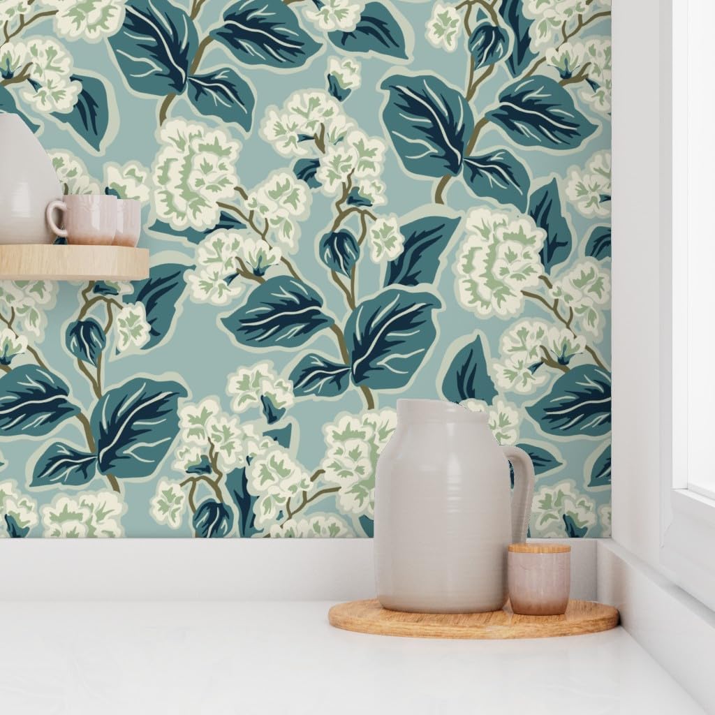 Spoonflower Removable Wallpaper Swatch - Farmhouse Floral Blue Botanical Traditional Transitional Cottage Custom Pre-Pasted Wallpaper