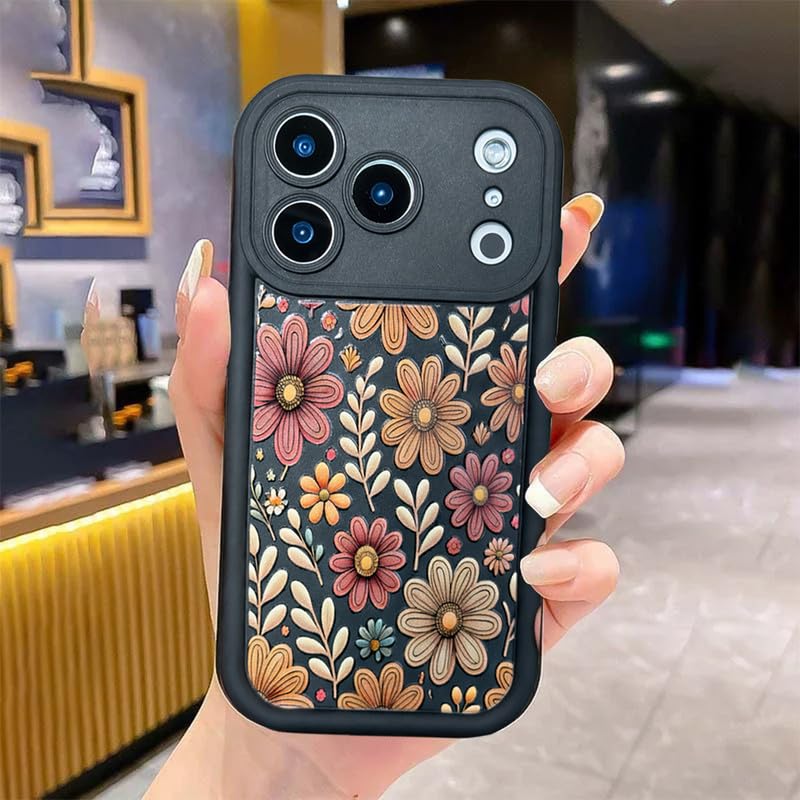 Image of ZR022 for iPhone 17 Pro Back Case Cover | Floral Designer Aesthetic Flower Printed Soft Silicone | Slim Fit | Camera Protection | Shockproof TPU Case - Black