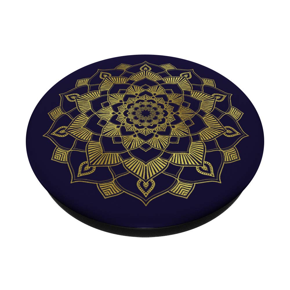 Motif Boho Floral Mandala Jaune Bleu Fleurs Bleu Marine PopSockets