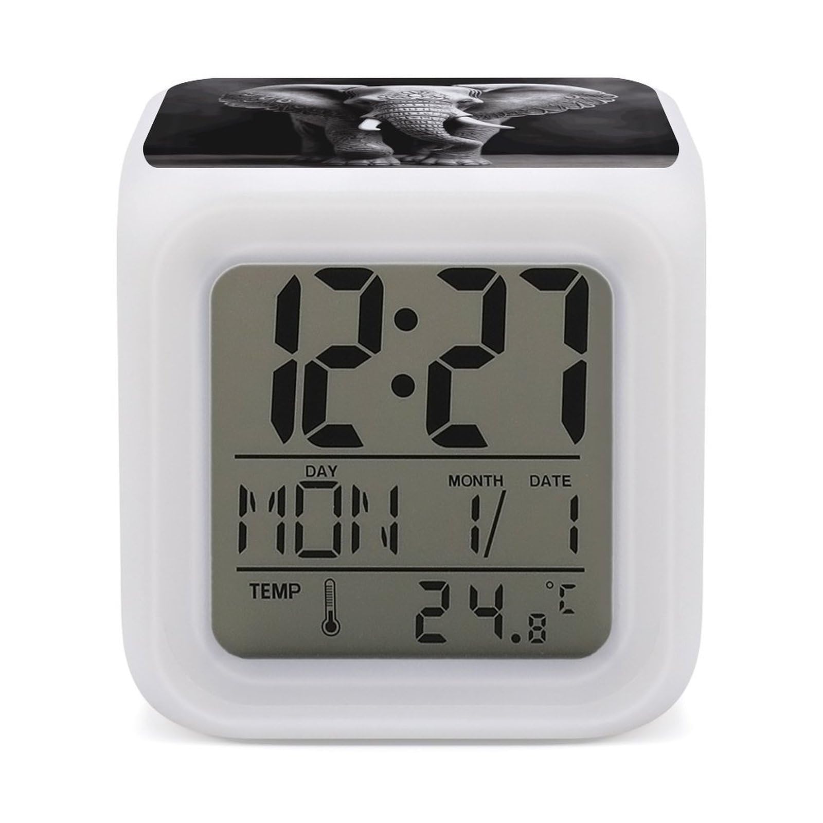 JTREHY Gray Elephant Alarm Clock Seven Color Night Light Digital Clock Precision Reliable Alarms Clocks for Bedroom Heavy Sleepers Adults Gift for Men and Women