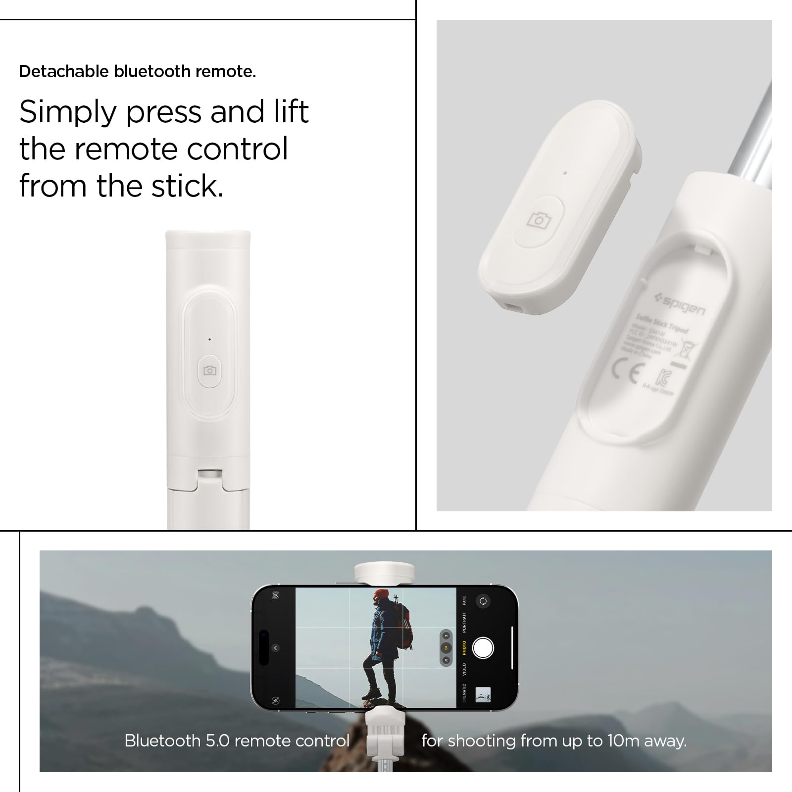 Spigen Handy Stativ mit Bluetooth Fernbedienung [Auto-Open], Selfie Stick mit Stativ [Klapphalterung], Ausziehbares Smartphone Stativ aus Aluminium für iPhone, Galaxy, Pixel