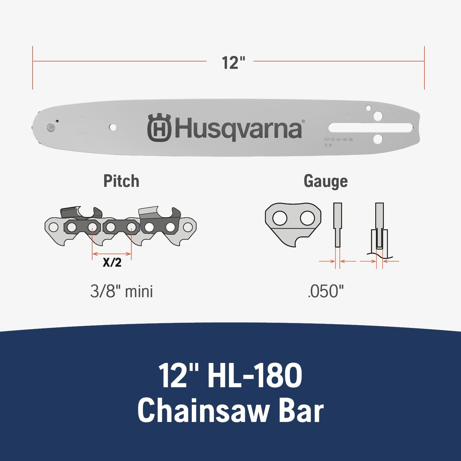 Husqvarna HL180 12 inch Chainsaw Guide Bar, 3/8" mini Pitch, .050" Gauge and 44 Drive Links