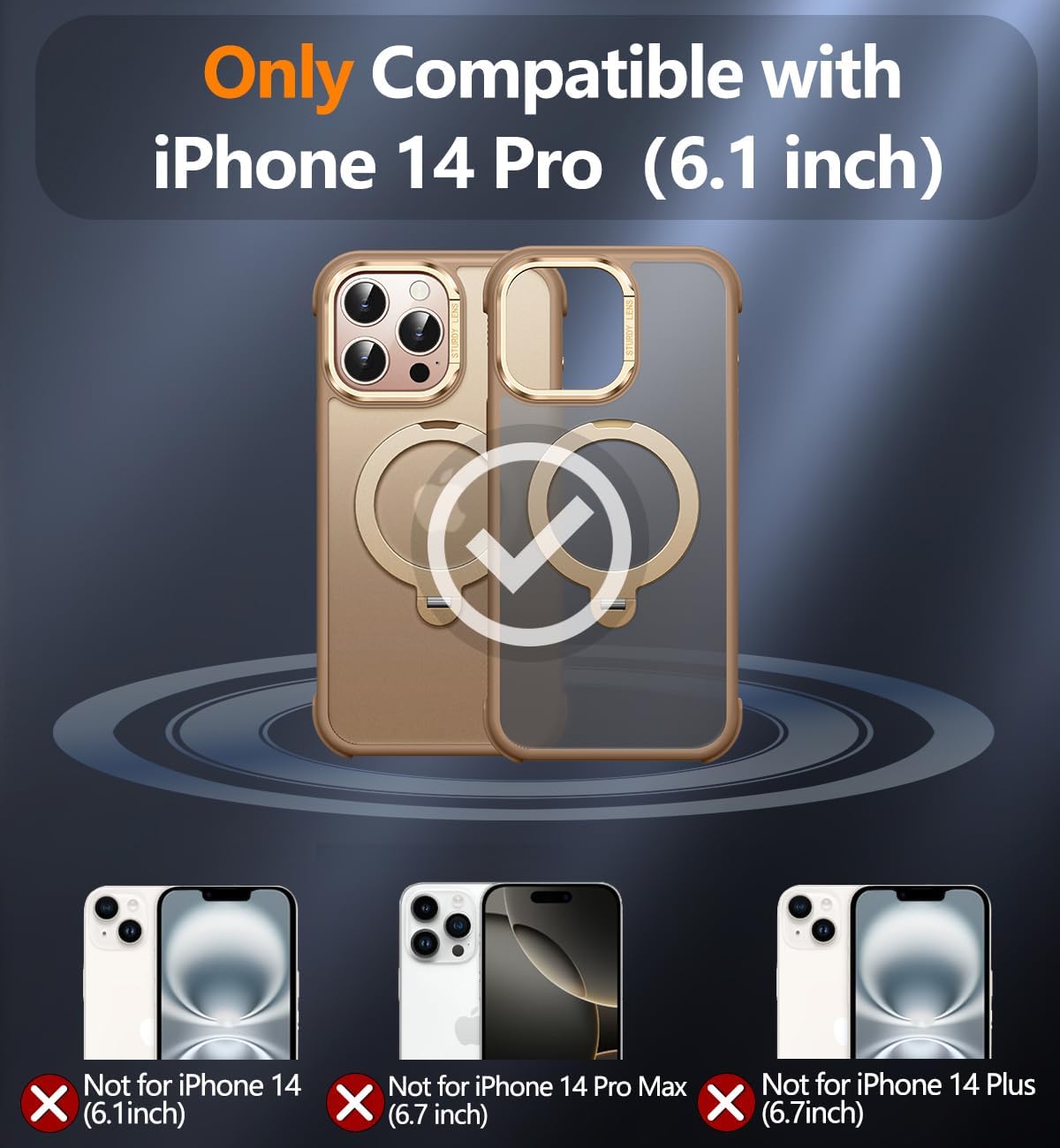 Reukdnv [Invisible 360° Spin Stand Magnetic Ring for iPhone 14 Pro Case [Compatible with MagSafe][Translucent Matte Back] Military Drop Protection Shockproof Cover with Kickstand 6.1", Desert Gold - Image 6