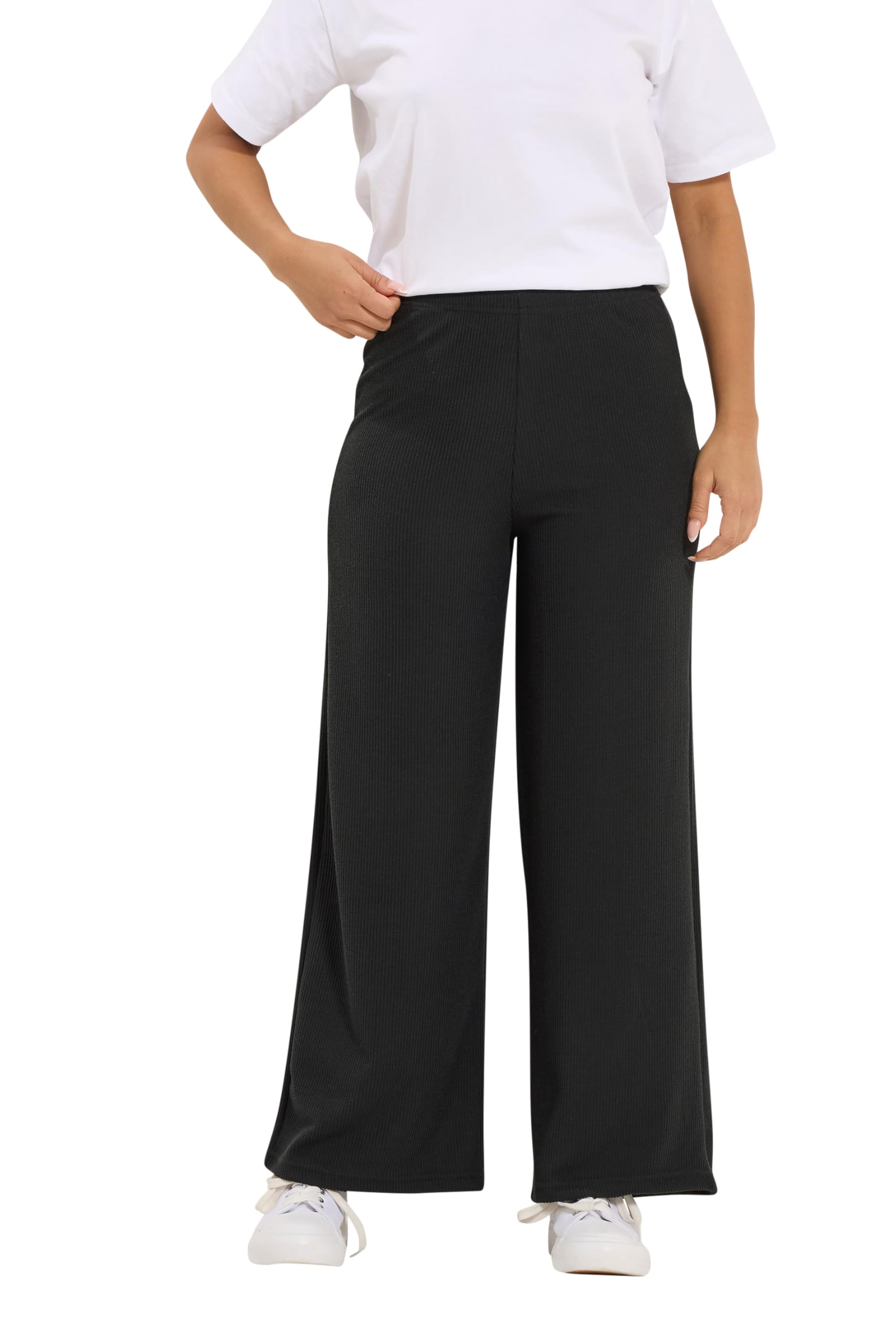 M&Co Women's Black Petite Ribbed Wide Leg Trousers In | Size: 16