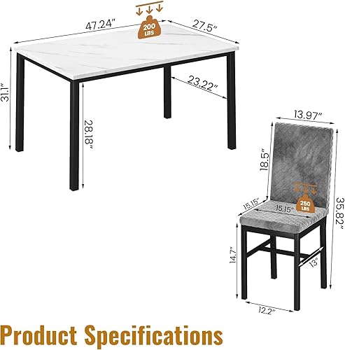 Miniatura 10 de Recaceik Juego de 4 mesas de comedor para 4, mesa de cocina y sillas, juego de mesa de comedor de mármol sintético con 4 sillas tapizadas de piel