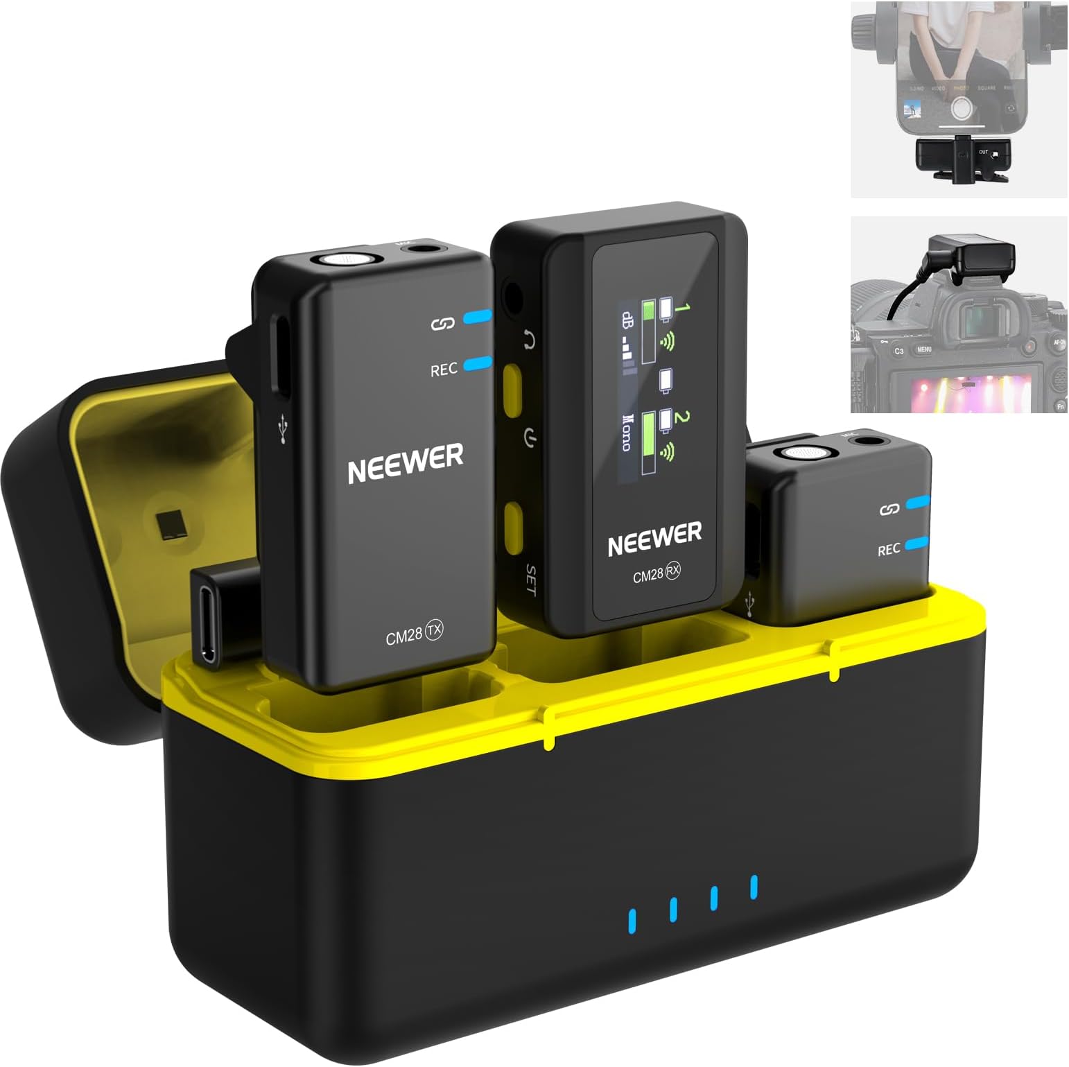 NEEWER CM28 Wireless Lavalier Microphone System with Charging Case, 1 Click Noise Canceling, 4GB Storage for 9Hrs of 48KHz 16 Bit Uncompressed Audio Lapel Mic Compatible with iPhone/Android/PC/Camera