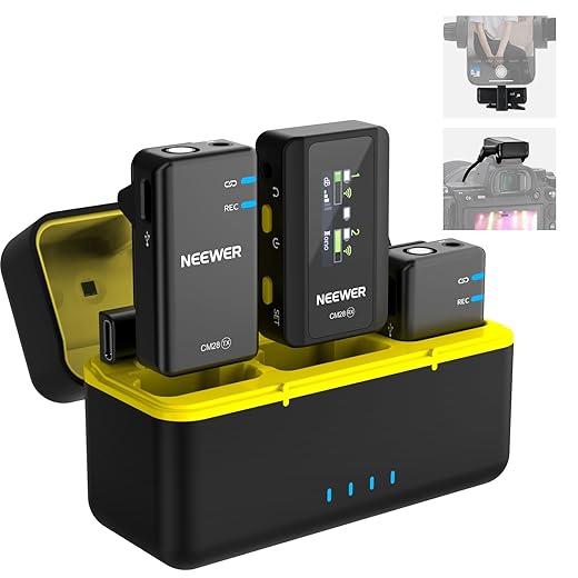 Neewer CM28 Professional Wireless Lavalier Microphone with Charging Case, 1 Click Noise Canceling, Internal 4GB Storage for 9Hrs of 48KHz 16 Bit Uncompressed Audio for Vlog, Broadcast, Interview