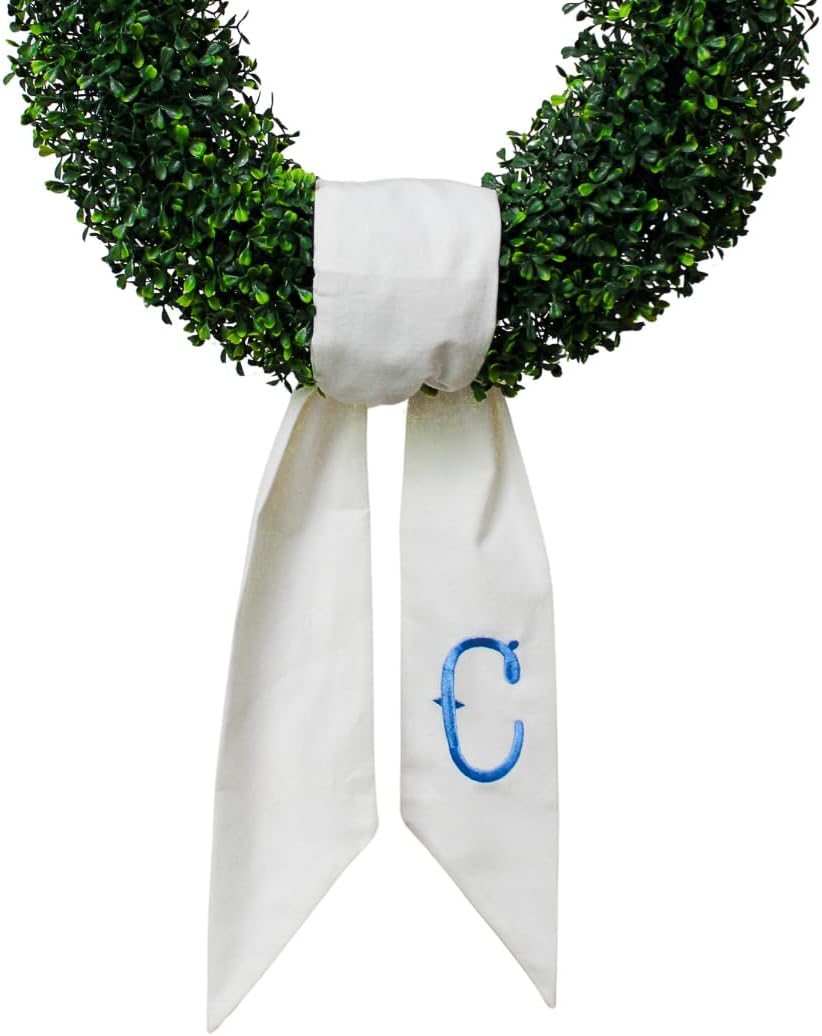Monogram Wreath Sash for Front Door, White Embroidered Linen Wreath Sash, Porch Accessory for Xmas Party Yard, Wedding, and Boxwood Decoration, Indoor Outdoor Décor - (C)