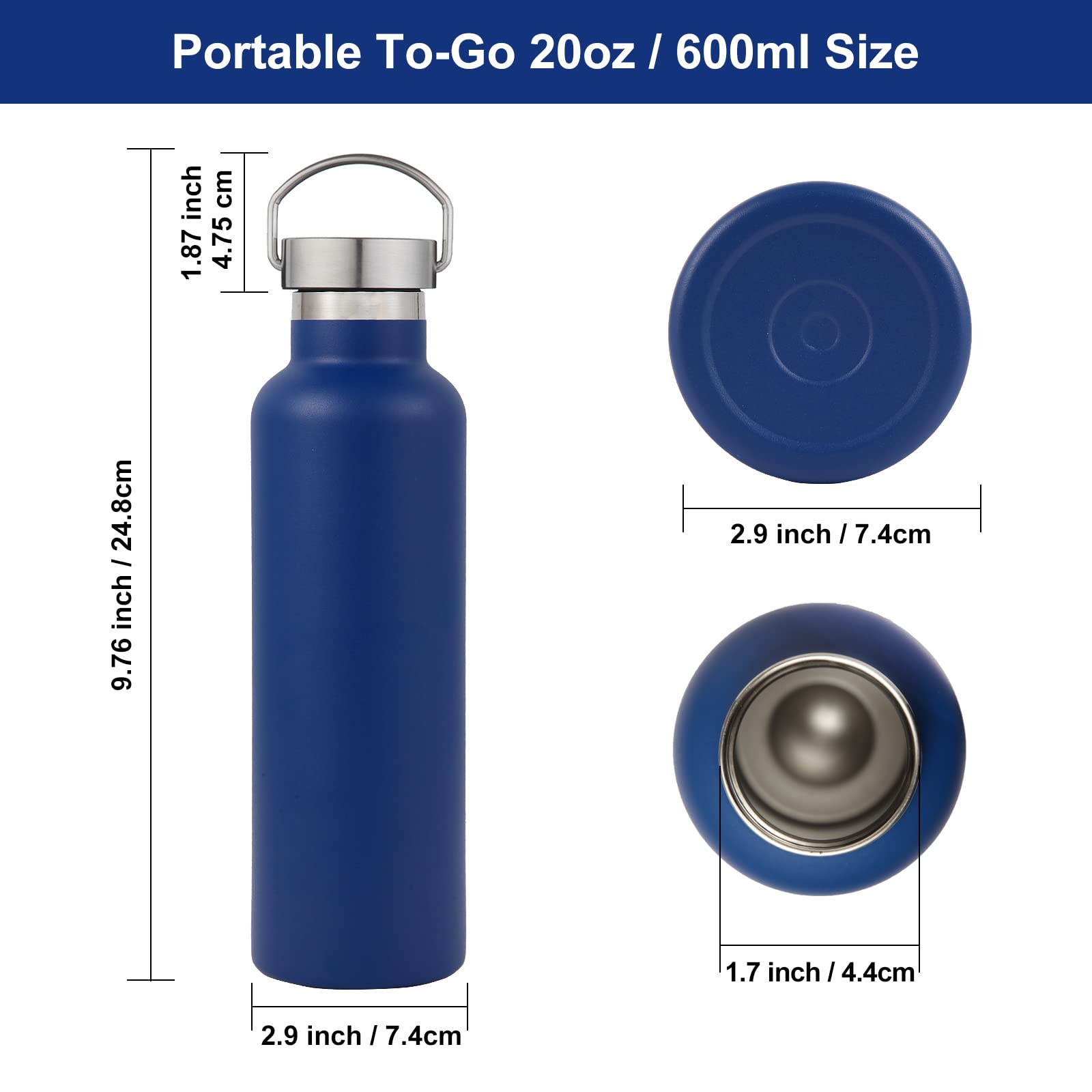 Neihepal Izolowane butelki na wodę 590 ml, 2 sztuki, butelka sportowa ze stali nierdzewnej z pokrywką uchwytu, metalowy termos wielokrotnego użytku z pokrywką do szkoły, rowerzystów, prezent (granatowy, zestaw 2 szt.)