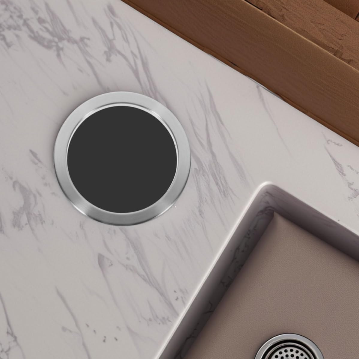 Garbage Can Lid Swing Flap Trash Can Lid Embedded Stainless Steel with Hollow Design and Seamless Look, round Recessed Trash Bin Cover Elegant and Versatile for Kitchen Countertop