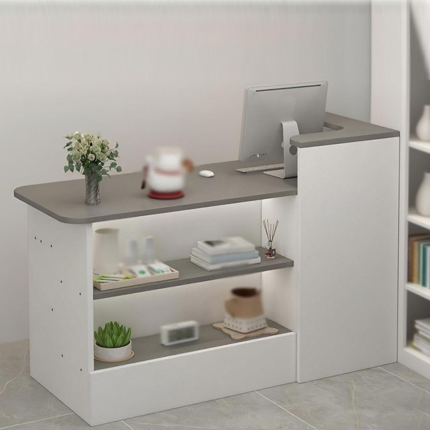 Mostrador PequeñO De RecepcióN Estetica, Mostrador Tienda Madera, Gabinete De Cajero, Mostrador De Cajero Ideal para Recepciones, Oficinas, PeluqueríAs(Gris/Derecho,120x100x45cm)