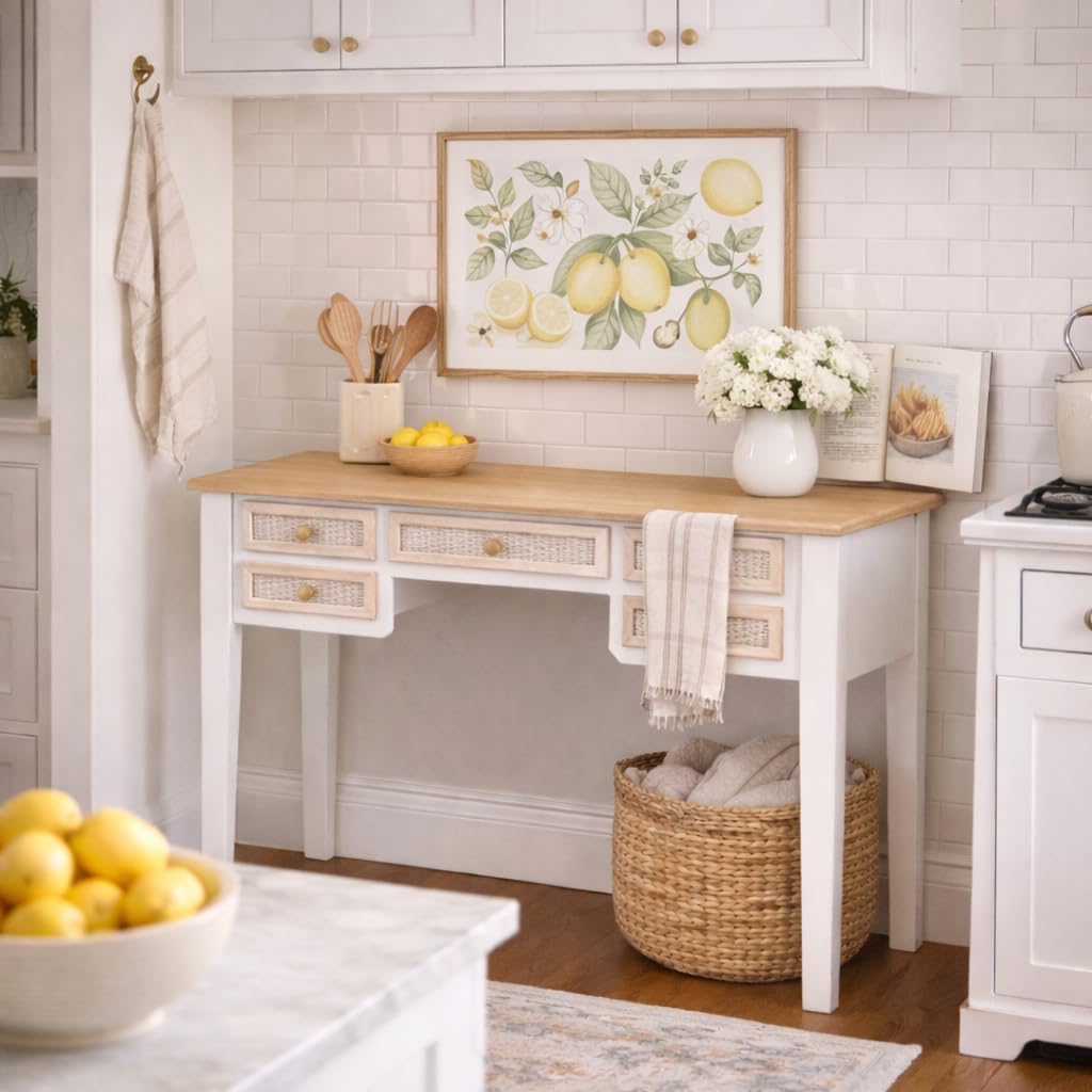Scrivania Bianca in Legno 90x40x79 cm con 5 Cassetti, Scrittoio Elegante Stile Shabby Charm per Studio, Camera e Cucina