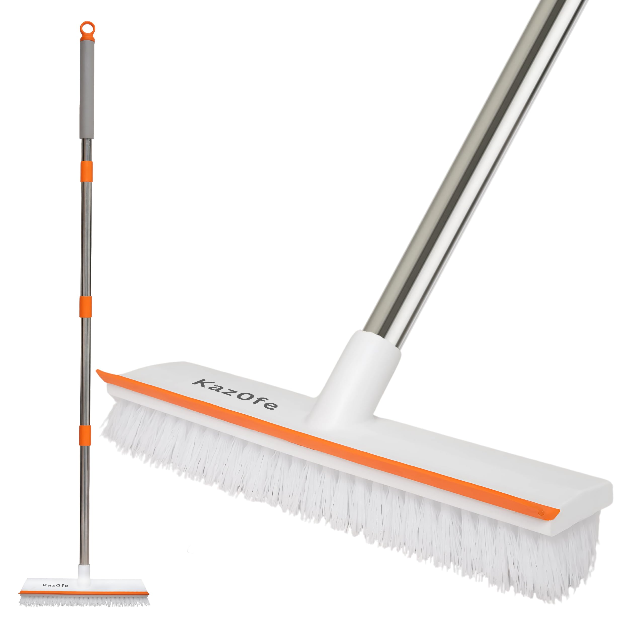 KazOfe 2-in-1 Floor Scrubbing Brush with Squeegee/Handle, Bathroom Floor Cleaning Scrubber, Long Handled Scrubbing Brush Hard Bristle for Deep Cleaning Kitchen, Deck, Tile, Patio (White)