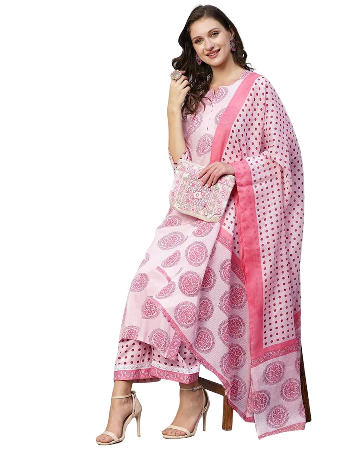 Tee Projekt Women's Cotton Blend Sweetheart Neck Straight Kurta Pant With Dupatta Set Ll Straight Kurta Set Ll Printed Kurta Set Pink