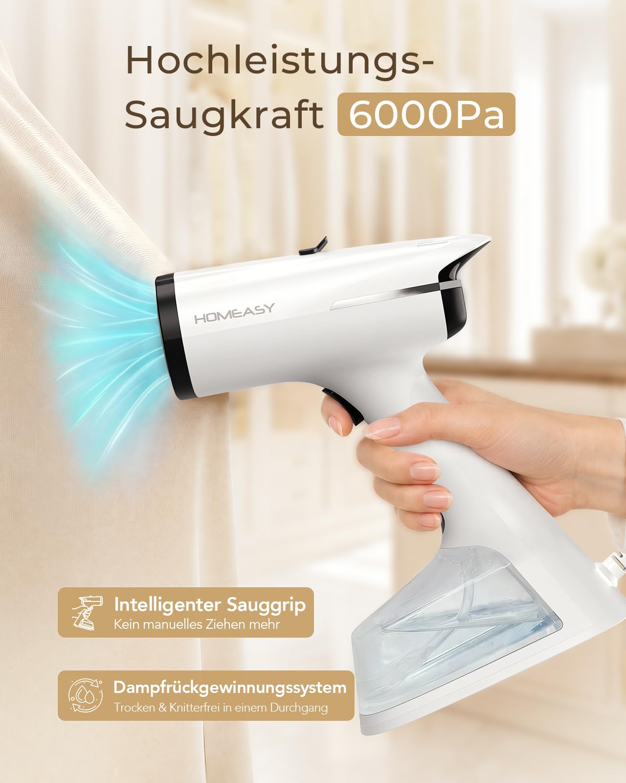 HOMEASY Dampfglätter mit Saugfunktion für Kleidung 6000Pa Vakuum Technologie 25s Schnellaufheizung 2 Dampfstufen 270ml Wassertank Handdampfglätter für Zuhause Reisen Hemden Anzüge