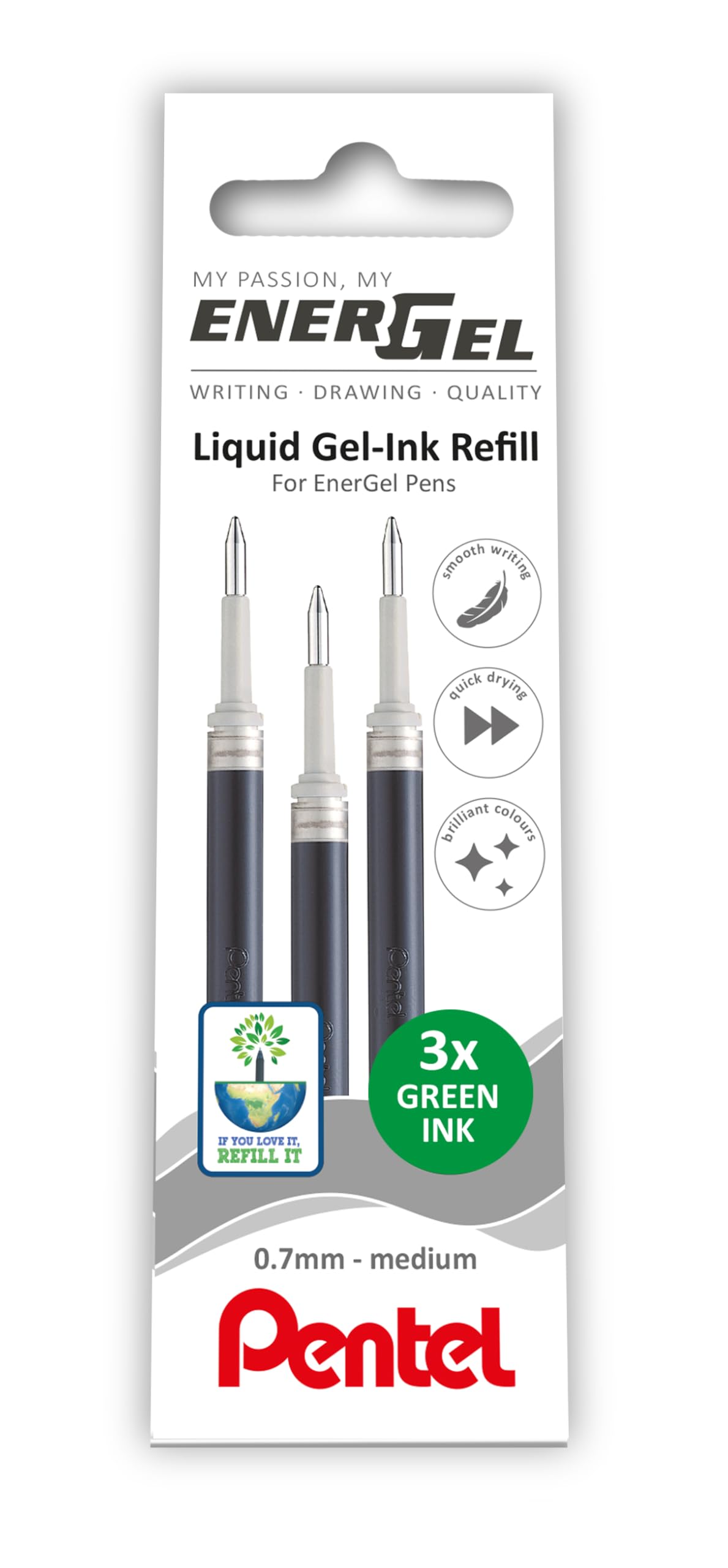 Pentel EnerGel 0.7mm Refill Wallet of 3 - Green