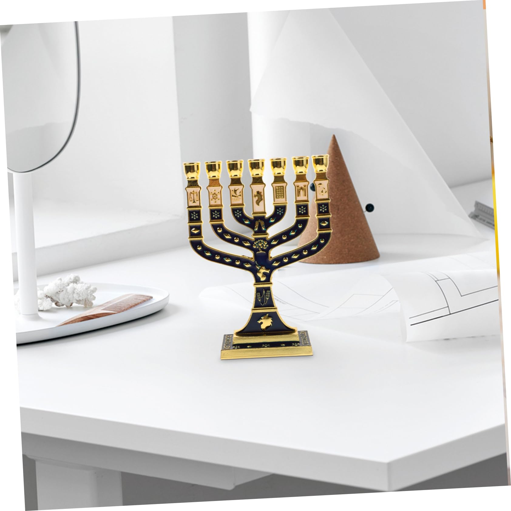 GARVALON Candeliere Ebraico da Tavolo in Lega di Alluminio Blu Design a 7 Bracci Elegante per Cerimonie Religiose e Decorazione della Tavola in Ambito Familiare