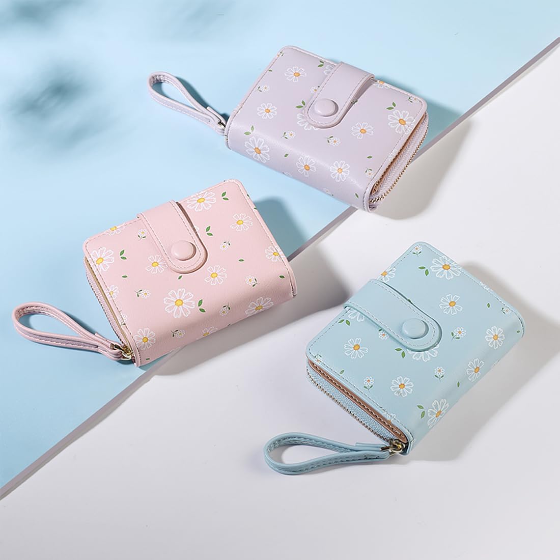 Lindas carteras con estampado de margaritas con cremallera exterior alrededor del monedero, billetera plegable con ventana de identificación con tarjetero de crédito, Azul, Billetera 5