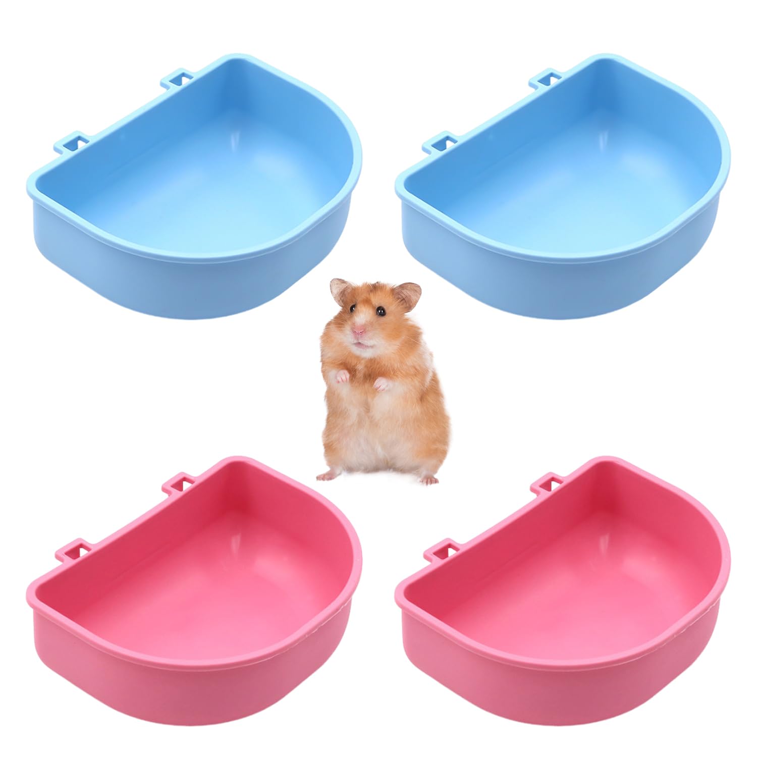 HIXNUG 4 Pieces Hamster Semicircle Feeder Two Color Hanging Food Water Container Portable Feeding Cage Cups Plastic Food Bowl with Hook for Hamsters Rabbit Birds Pet