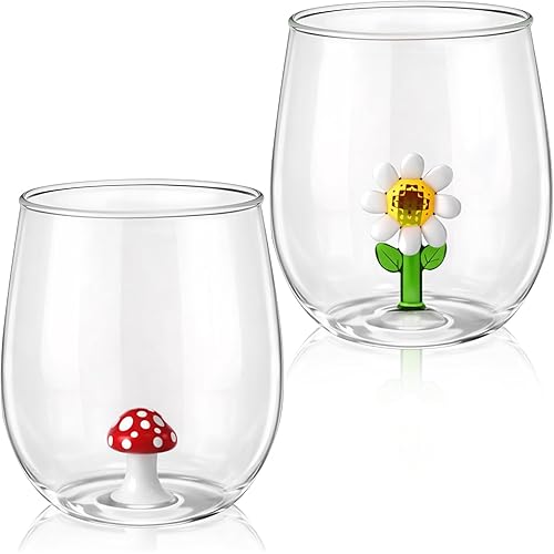 Remerry 2 Pcs Spring Wine Glasses 12oz Mushroom and Sunflower Stemless Wine Glasses with 3D Mushroom and Sunflower Figurines Inside Icon Glass Cups Drinkware Gifts for Holiday Supplies