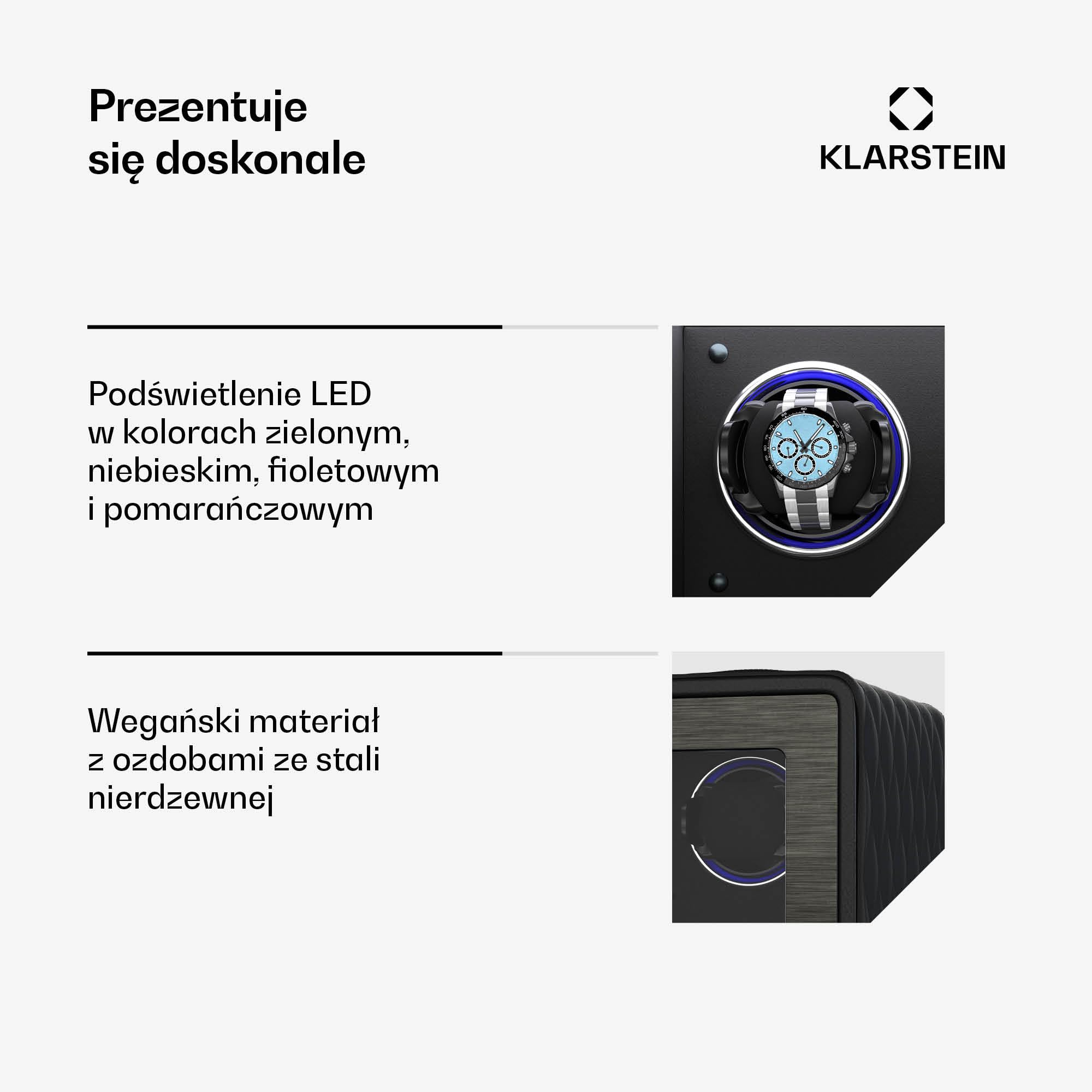 Klarstein LuminousTime Rotomat 2 zegarki – Automatyczny rotomat z cichym japońskim silnikiem, Panel dotykowy LCD i pilot, 20 ustawień TPD, Oświetlenie RGB i LED