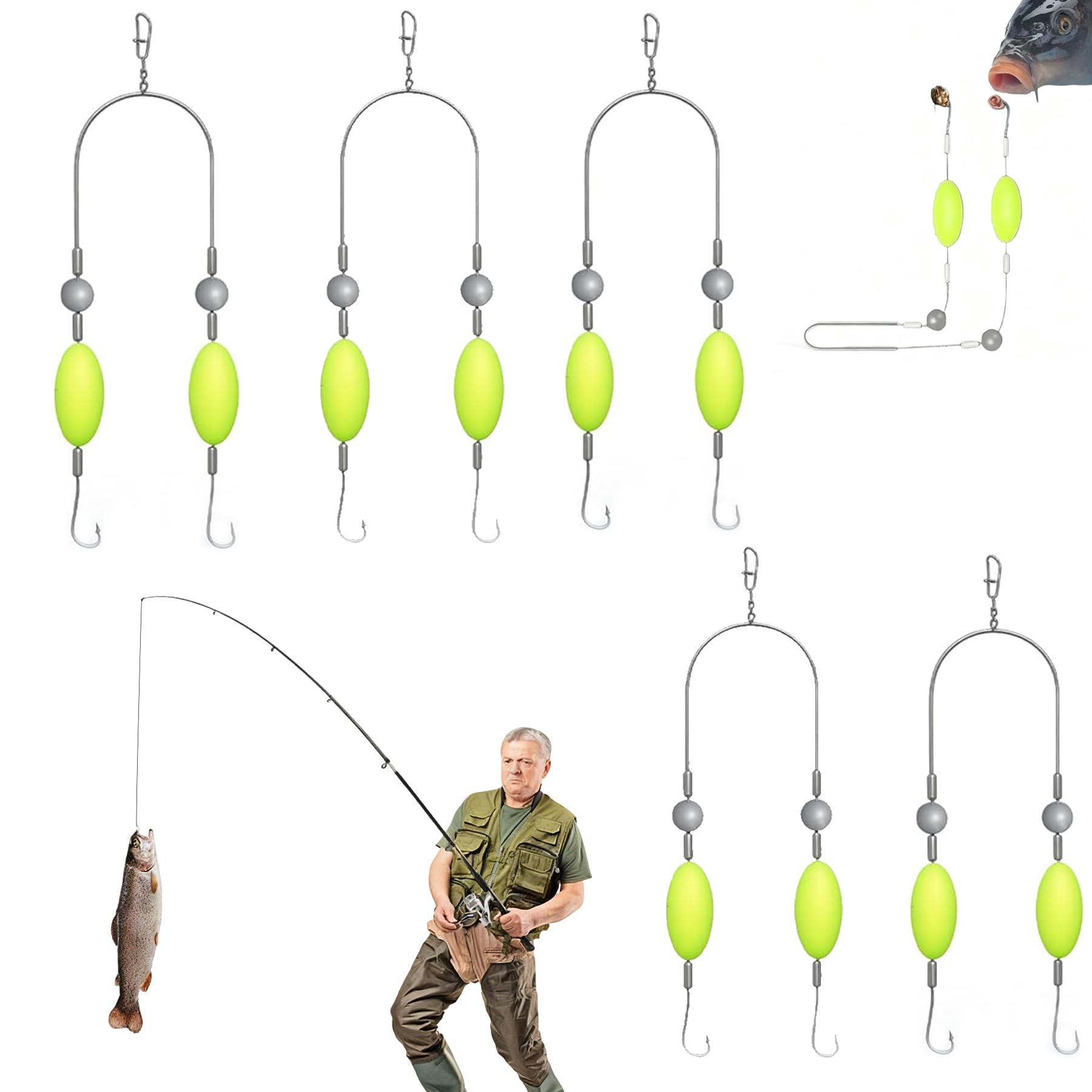 5 Pezzi Double Hook Reverse Bottom Rig, Ami da Pesca, Set di ami da pesca anti-impigliamento 6, 8, 10, Pesca Accessori, Attrezzatura da Pesca, Gancio Split Resistente ai Ganci