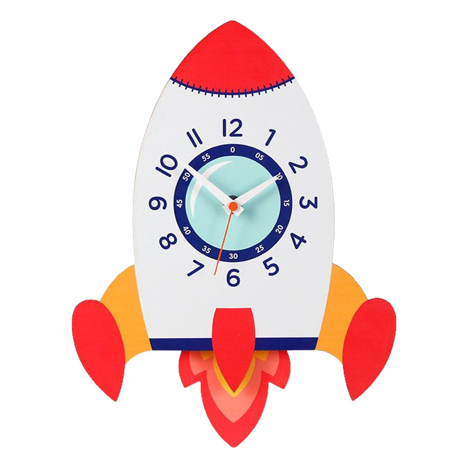 Wovebius Multicolor Cartoon Wall Clock With Pendulum Wooden Decorative Clock For School Nursery Rocket