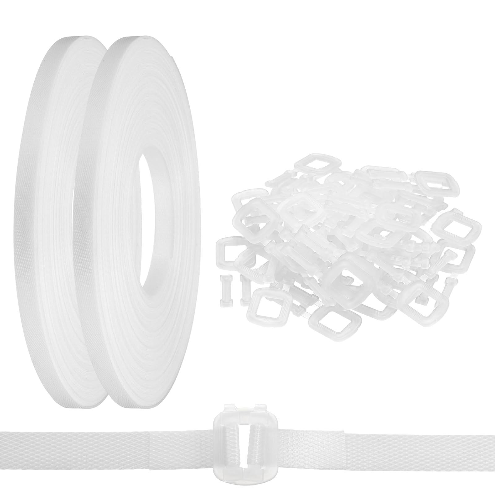 PATIKIL Kit De Banda De Embalaje Plástico De 110 Yardas, 2 Rollos De Banda De Embalaje Con 100 Hebillas Transparentes Herramienta Universal Para Cajas De Cartón Artículos De Madera, Blanco