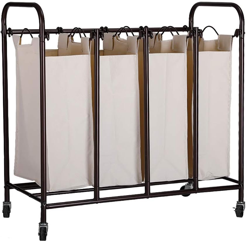 JZM Laundry Hamper,Heavy-Duty 4-Bag Section Rolling Laundry Sorter Trolley Storage Cart on Wheels, Dirty Clothes Bin Box Organizer Basket Frame for Bathroom Bedroom Home Household Farmhouse Hotel