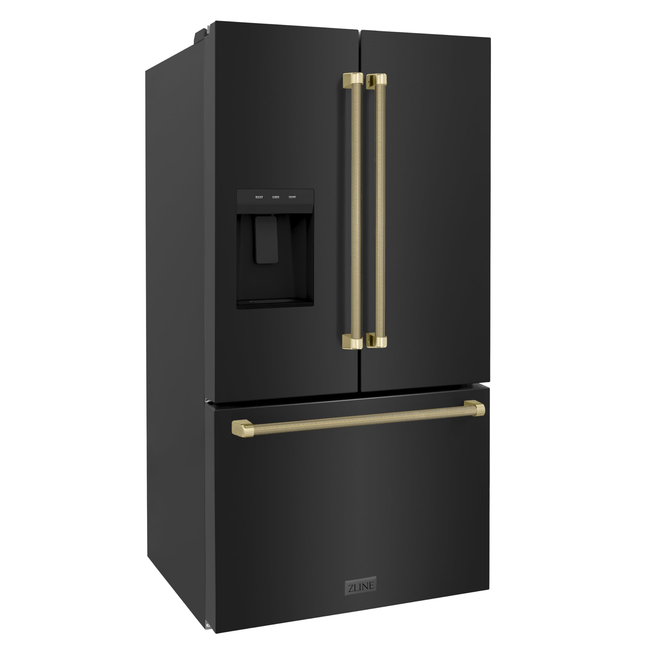 ZLINE Autograph Edition 36 In. 28.9 Cu. Ft. Standard-Depth French Door External Water Dispenser Refrigerator With Dual Ice Maker In Fingerprint-Resistant Black Stainless Steel And Bronze Helix Handle on Fridge.com - View 3