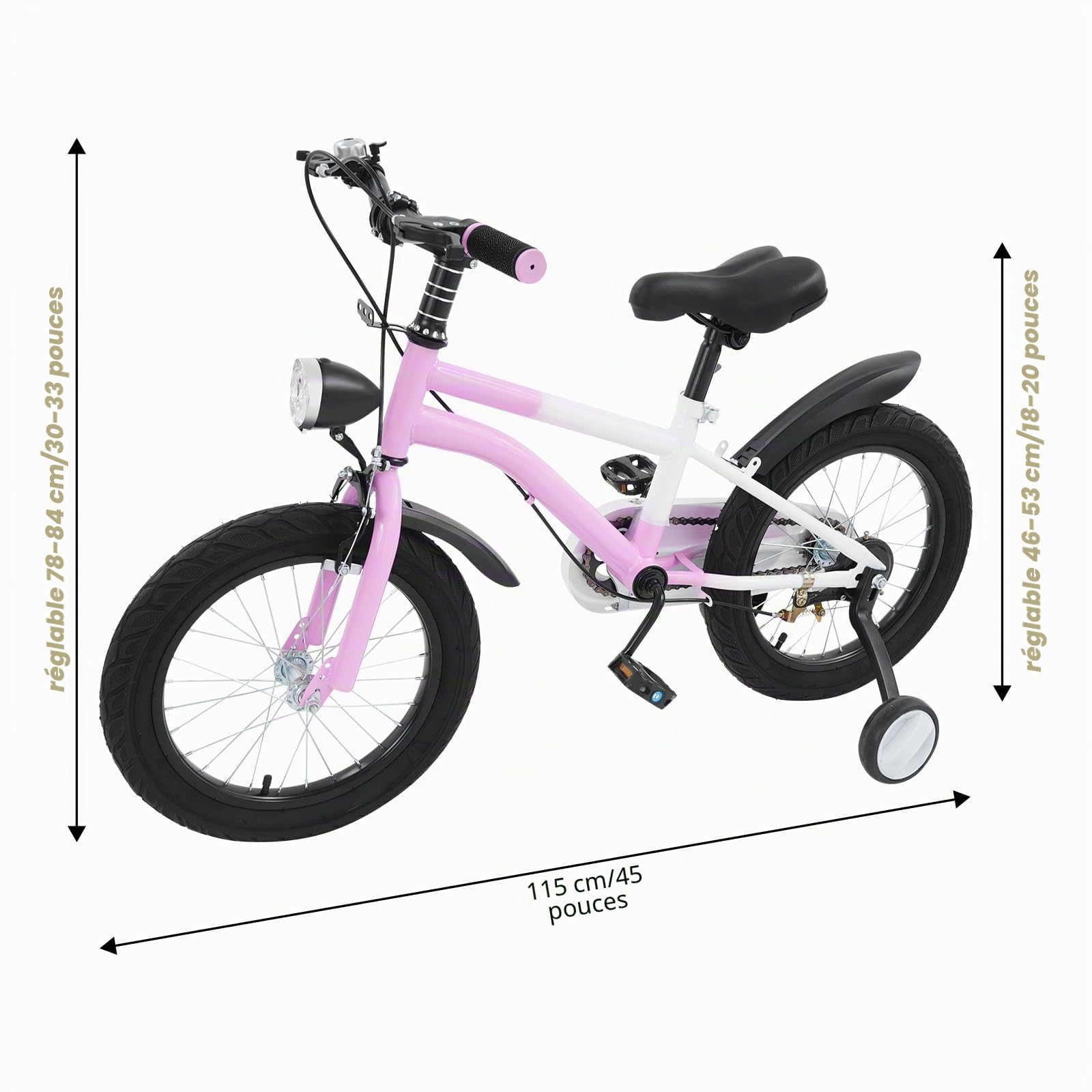 Vélo pour enfant 16 pouces pour filles et garçons à partir de 5 à 8 ans, avec roues stabilisatrices, lampe LED, réglage de la hauteur, alliage d'acier au carbone pour enfants garçons à