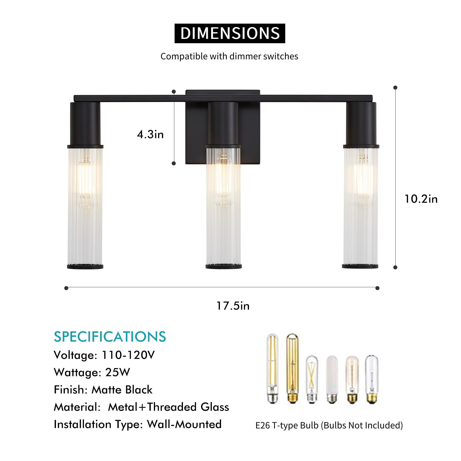 Eatich Bathroom Light Fixtures, Black Vanity Light, Bathroom Lights Over Mirror, Modern 3 Light Wall Sconce with Threaded Glass Shade, Vanity Lights for Bathroom Hallway Living Room