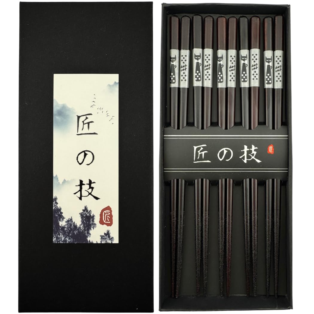 S4509, Japanese Style 5 Pair Reusable Lucky Cat Wooden Chopsticks Gift Set, Maneki Neko Silver