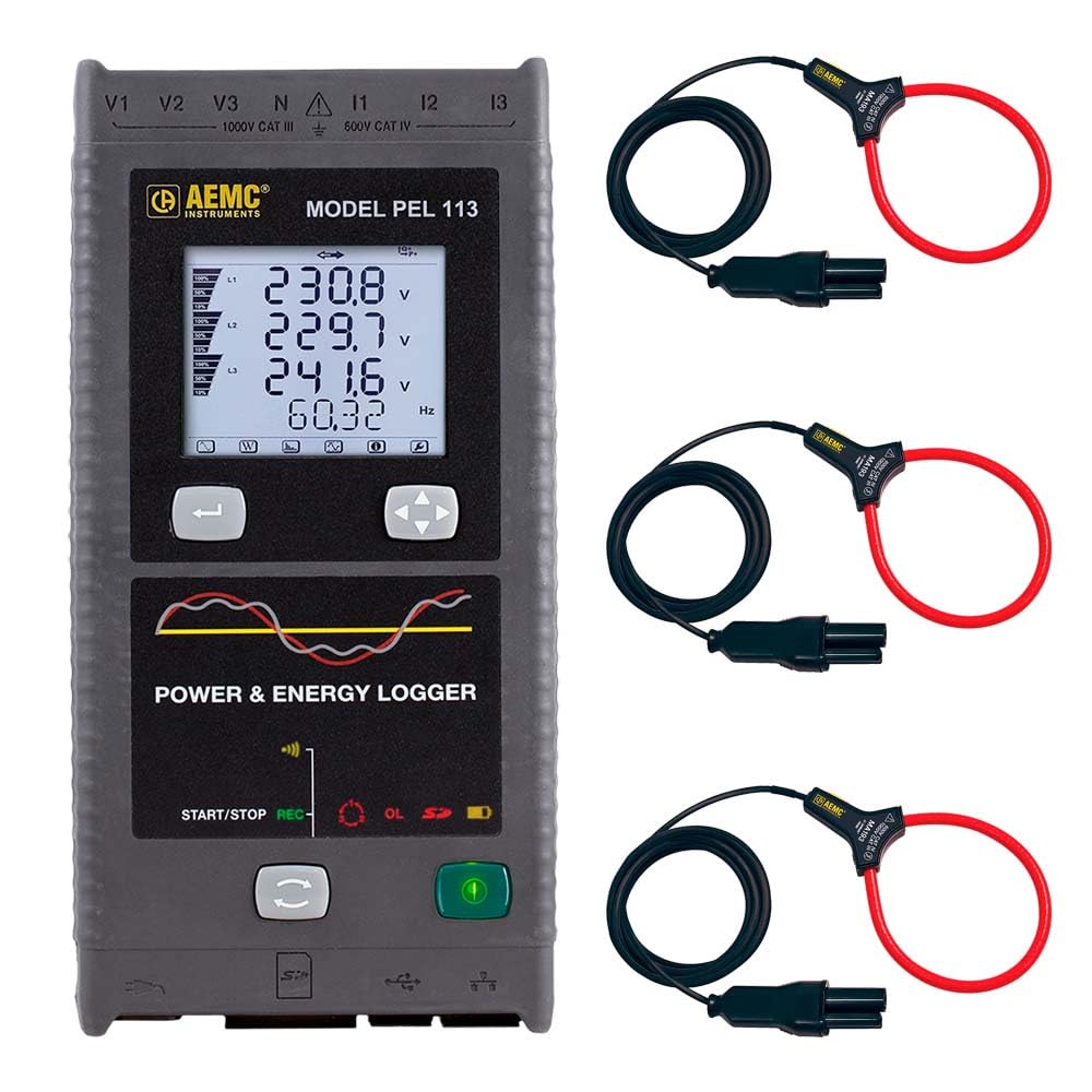 AEMC PEL 113 (2137.54) 3-Phase Power/Energy Logger, LCD/MA193-10-BK Sensors