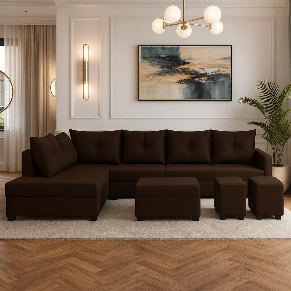 Oriana 8 Seater LHS L Shape Sofa Set | Velvet Suede Fabric L Shape Sofa for Livingroom with 2 Ottoman & Centre Table | (Dark Brown) Oriana 8 Seater LHS L Shape Sofa Set | Velvet Suede Fabric L Shape Sofa for Livingroom with 2 Ottoman & Centre Table | (Dark Brown)