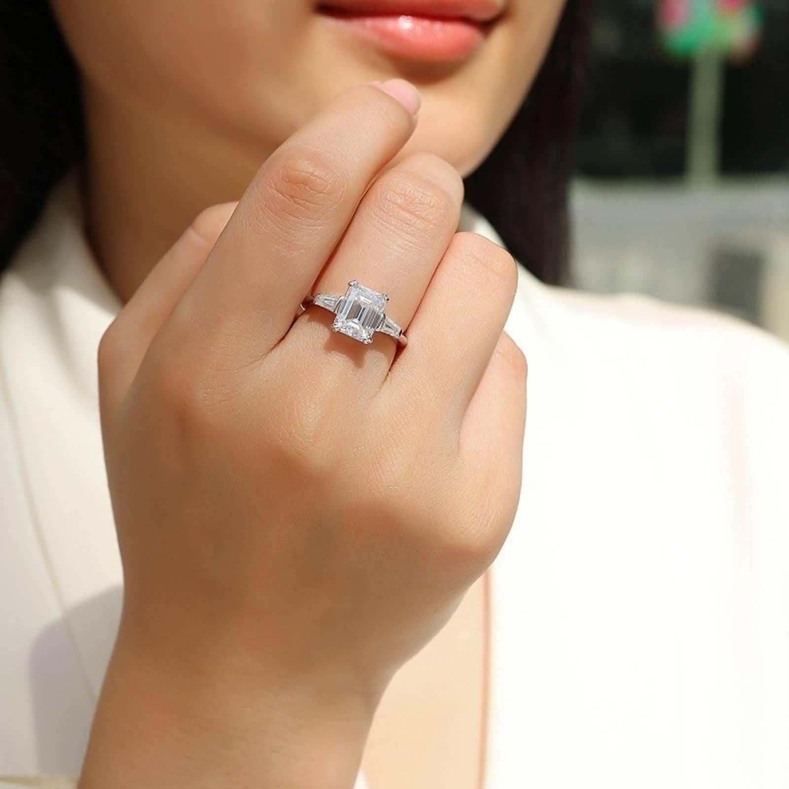Anillo de boda simple, anillo de amigos con moissanita rectangular de 7 x 9 mm, plata de 2,5 quilates, oro blanco y platino