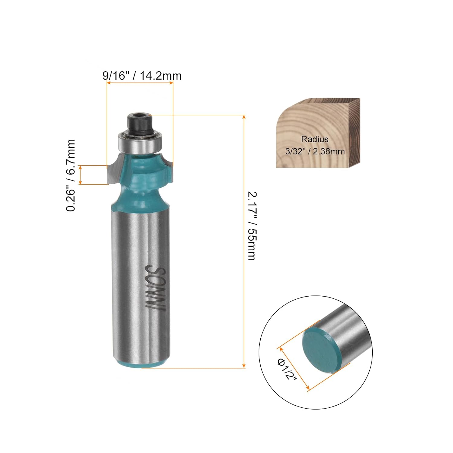 HARFINGTON 2pcs Roundover Router Bit 1/2 Shank 3/32" Radius Carbide Tipped Edge Rounding Over Bit with Bearing Guide, Woodworking Milling Tool, Cyan