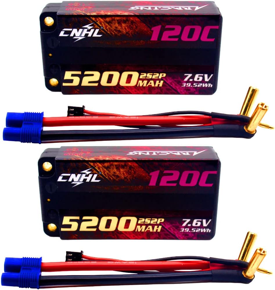 2S Shorty Lipo Battery 5200mAh High Voltage 7.6V Lipo Battery 120C Hard Case with 5.0mm Bullet EC3 Plug for RC Car Tank Boat Airplane Truck(2 Packs