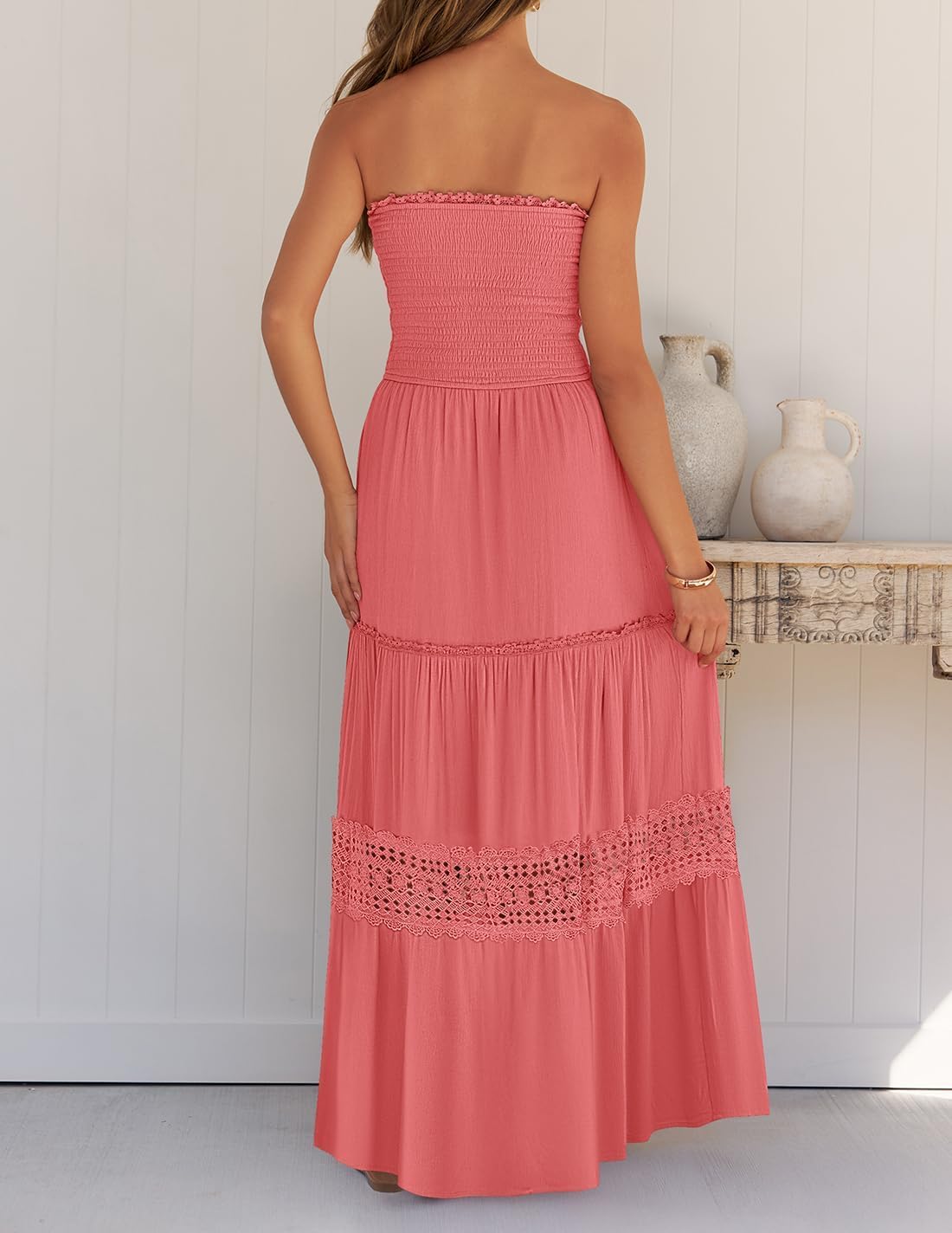 ZESICA Women's 2026 Summer Bohemian Strapless Off Shoulder Lace Trim Backless Flowy A Line Beach Long Maxi Dress - Image 3