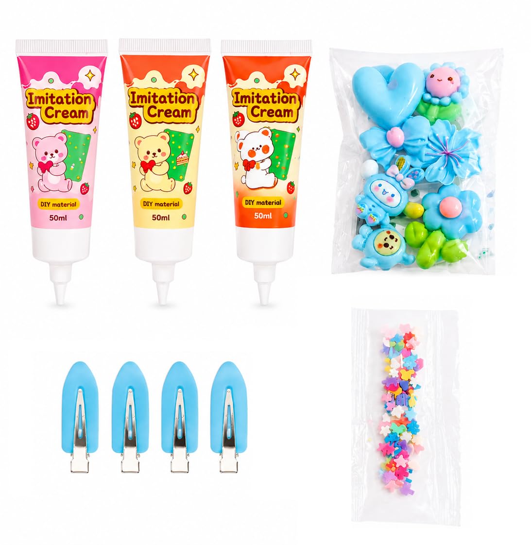 M.F.H Kawaii DIY Clip and Imitation Cream Kit with Charms & Sprinkles – Craft Set 2PCS Fake Glue Tubes with Nozzles (Random Colour) (Clip Set and 2 Whipped Cream Glue)-image-23