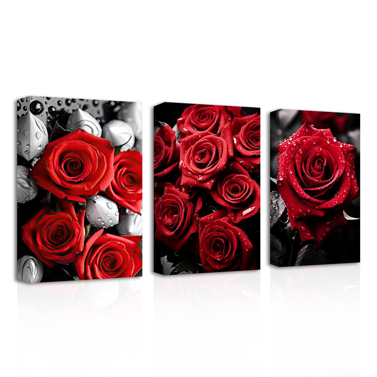 CXHOSTENT Red Rose Canvas Wall Art 3PCS Red Floral Paintings Prints Abstract Rose Flowers Picture for Kitchen Home Decor Frame