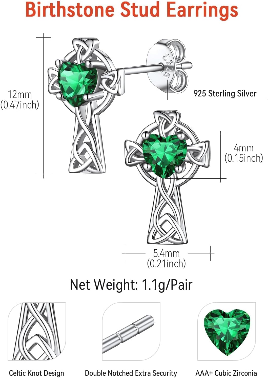 FaithHeart 925 Sterling Silver Birthstone Earrings for Women, Dainty Heart/Princess Cut/Celtic Knot/Cross Birthstone Stud Earrings for Women Pure Silver Birthstone Jewelry Gifts for Mom Daughter Wife