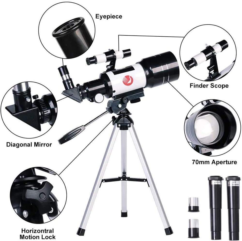 Telescopio para niños Principiantes, telescopio Refractor astronómico de 70 mm de Apertura, 300 mm, trípode y buscador, telescopio de Viaje portátil con Adaptador para teléfono Inteligente y Control
