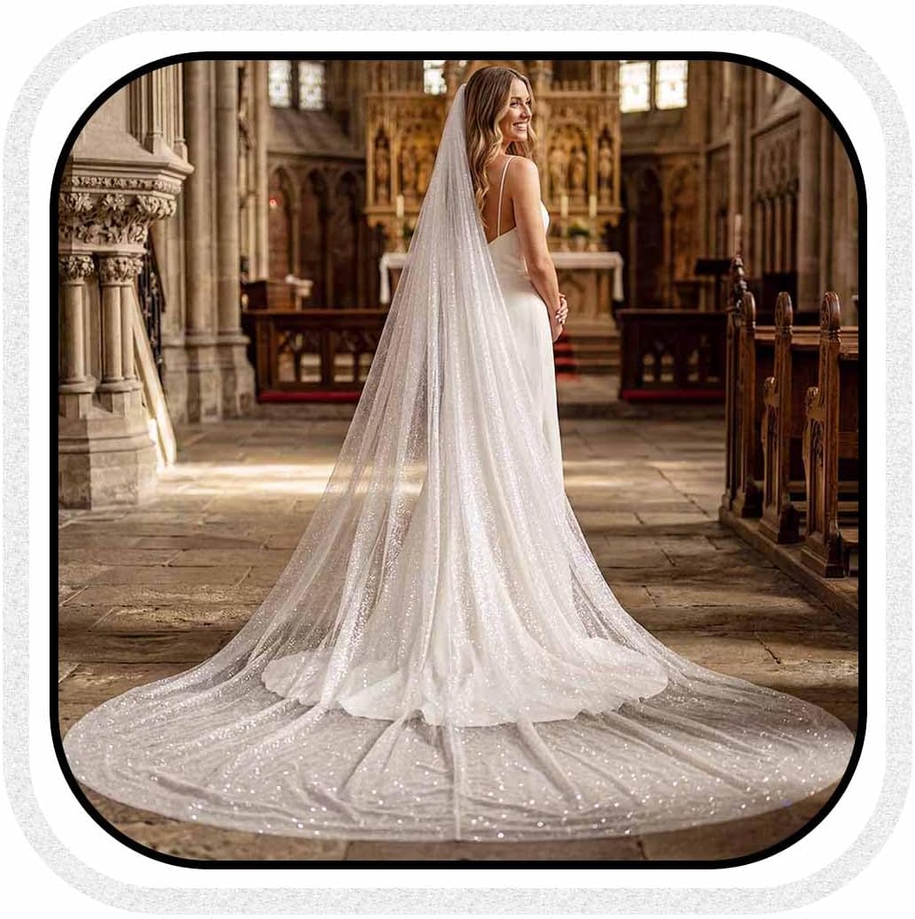 Yean Sparkly Cathedral Wedding Veil 1 Tier Long Glitter Bridal Veil with Hair Comb for Women