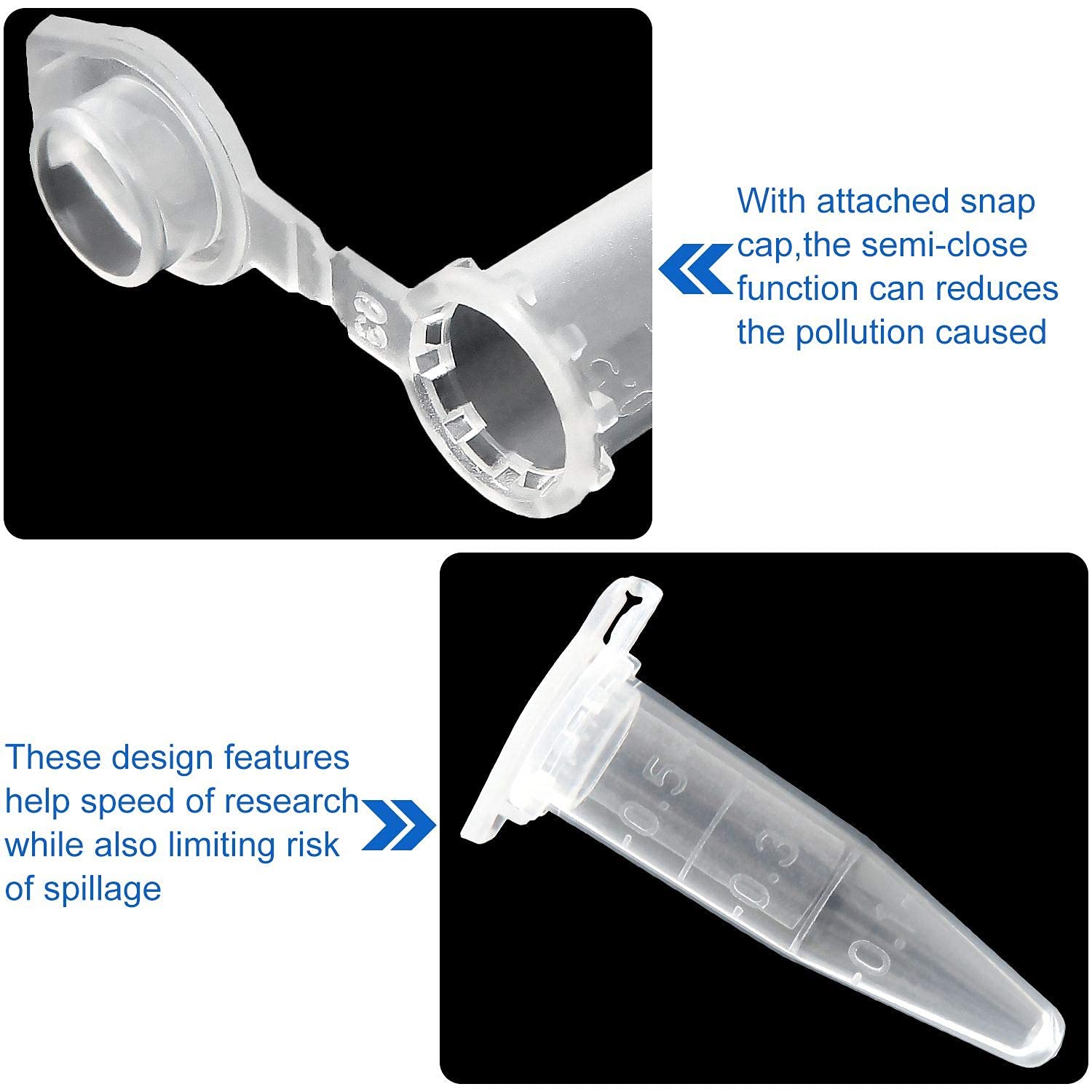 HUAZIZ 200 Pezzi 1,5 ml Plastica Centrifuga Provetta con Testa a Punta, Micro Provette da Laboratorio Conical Centrifuge Tubes Trasparente Graduata di Polipropilene con Tappo Piatto