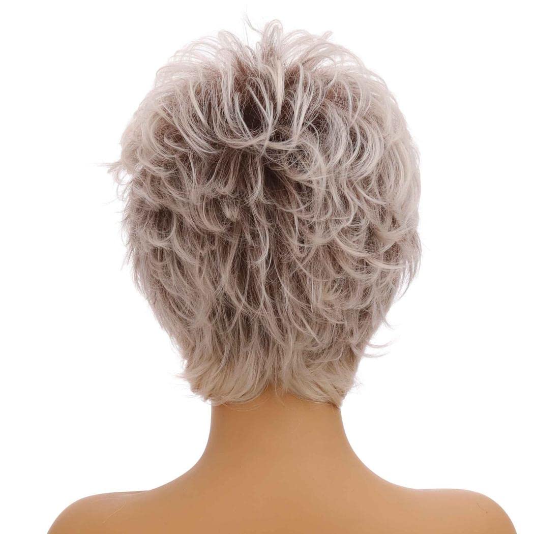 Pelucas cortas de corte pixie para mujer, pelucas de pelo completo sintético natural en capas para mujer, pelucas Ombre de cosplay de uso diario (Marrón Mezcla Gris)