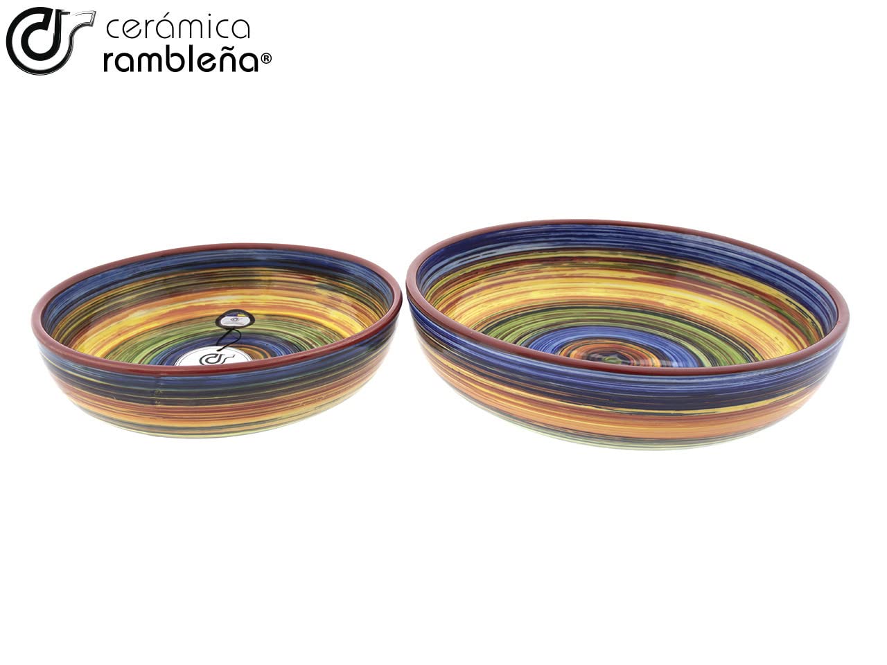 CERÁMICA RAMBLEÑA | Ensaladera cerámica | Ensaladeras originales | Conjunto x2 Ensaladeras decoración Arcoíris - Modelo 16 | Decoración 100% hecho a mano | 23x23x5.5 cm + 27x27x7 cm